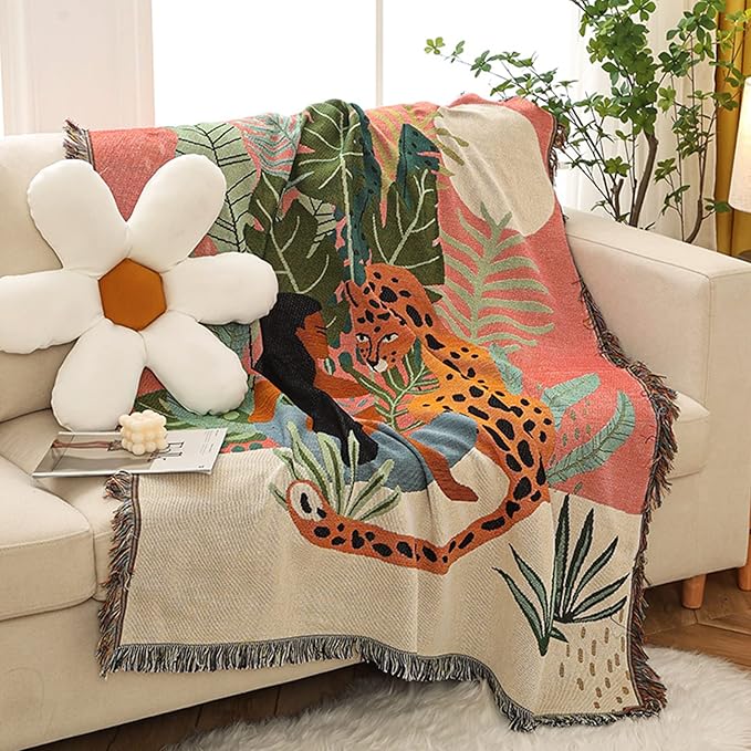 Double-Sided Cotton Woven Throw Blanket with Tassel Jungle Bohemian Style Tapestry Shawl Multi-Function Decorative Throws for Sofa Bed Armchair Camping Blanket Tablecloth Carpet 160x130cm