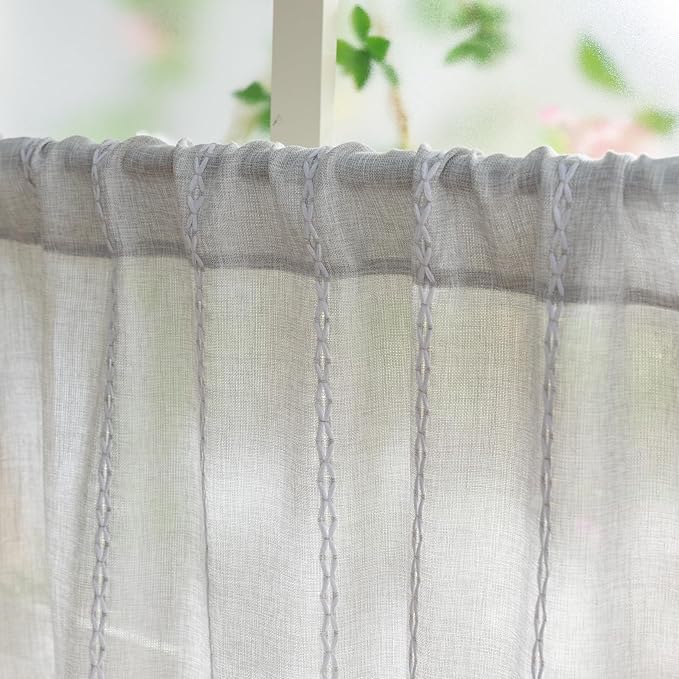 Sutuo Home Boho Curtains Valance for Cafe Windows, Bohemian Short Curtains Light Filtering Linen Country Vintage Tassels Window Treatment Embroidery Drape, Rod Pocket 1 Panel 52" W x 18" L, Light Grey