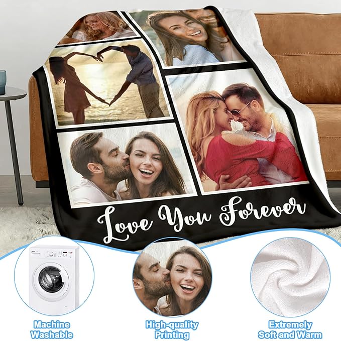 Jecivila Custom Blanket with Picture Text Personalized Photo Flannel Throw Blankets Customized Couple Gifts for Girlfriend Boyfriend Wife Husband on Valentine's Day Birthday