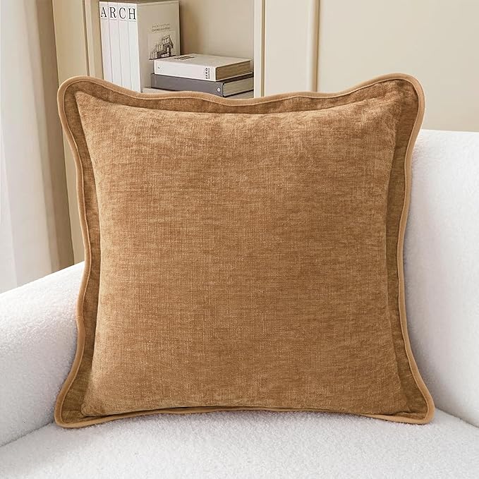 CaliTime Throw Pillow Covers Decorative 18 X 18 Inches Pack of 2 Cozy Chenille Scalloped Wavy Edge Cushion Cases for Couch Sofa Bed Living Room Farmhouse Apricot Brown