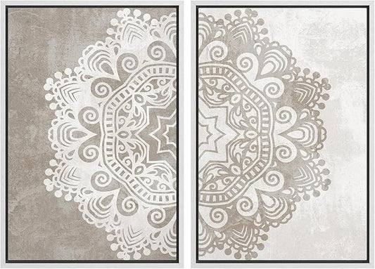 SIGNWIN Framed Canvas Print Wall Art Set Duotone Cultural Indian Mandala Pattern Abstract Shapes Illustrations Modern Art Minimal Boho Relax/Calm for Living Room, Bedroom, Office - 24"x36"x2 White