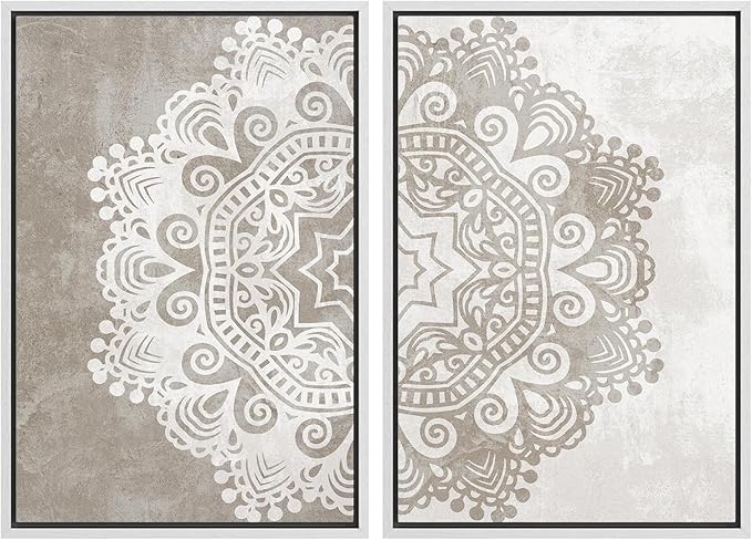 SIGNWIN Framed Canvas Print Wall Art Set Duotone Cultural Indian Mandala Pattern Abstract Shapes Illustrations Modern Art Minimal Boho Relax/Calm for Living Room, Bedroom, Office - 16"x24"x2 White
