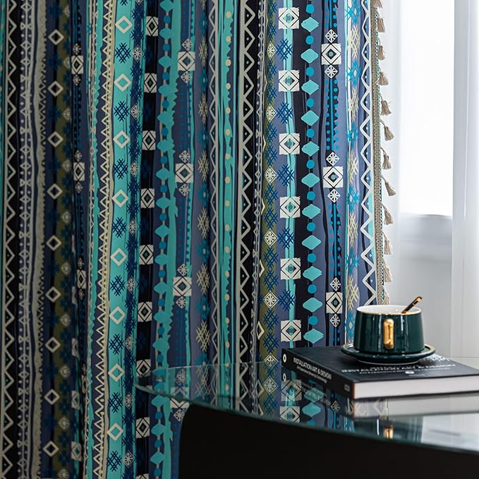 Boho Curtains Geometric Light Filtering Semi-Blackout Window Curtains 84 Inches Long Rod Pocket Drapes for Living Room 2 Panels-Vintage Blue