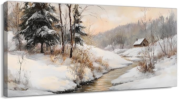 GUTTATY Christmas Winter Scene Canvas Wall Art, Snowy Landscape Wall Painting, Tranquil River Cabin Canvas Prints, Winter Poster Wall Decor for Living Room, Bedroom, Holiday Home, 24x12 Inch
