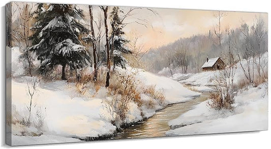 GUTTATY Christmas Winter Scene Canvas Wall Art, Snowy Landscape Wall Painting, Tranquil River Cabin Canvas Prints, Winter Poster Wall Decor for Living Room, Bedroom, Holiday Home, 24x12 Inch