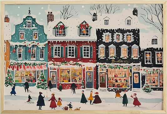 OZCONO Retro Snowy Town Christmas Art, Winter Farmhouse Holiday Decor, Vintage Village Seasonal Accent, Xmas Print, Cozy December Scene for Festive Home Styling (Unframed) (11x14)