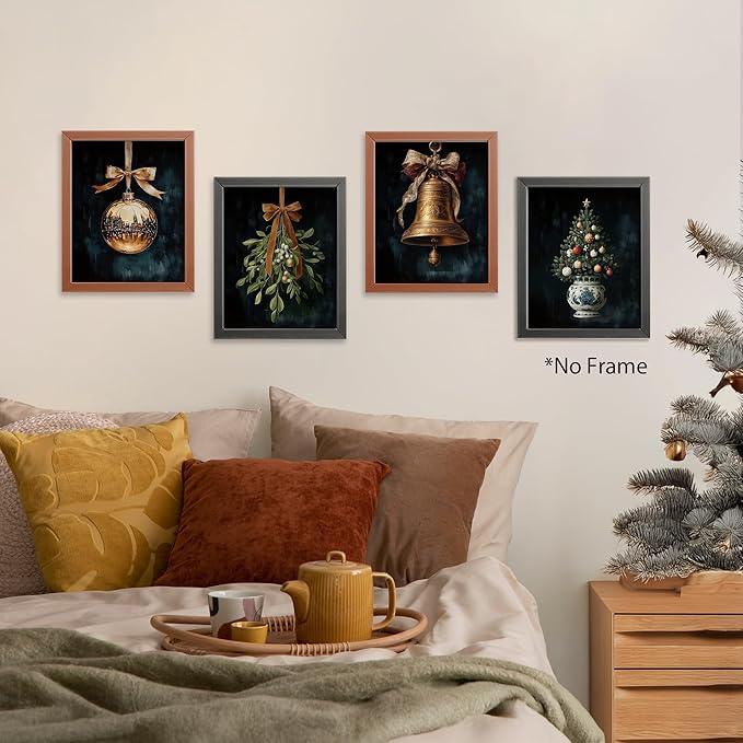 AEHIE Vintage Winter Christmas Tree Bell Wall Art Poster Prints for Home Living Room, Moody Christmas Pictures Poster Prints, Dark Moody Golden Xmas Bell Holiday Wall Art Unframed 4pcs 8x10inch