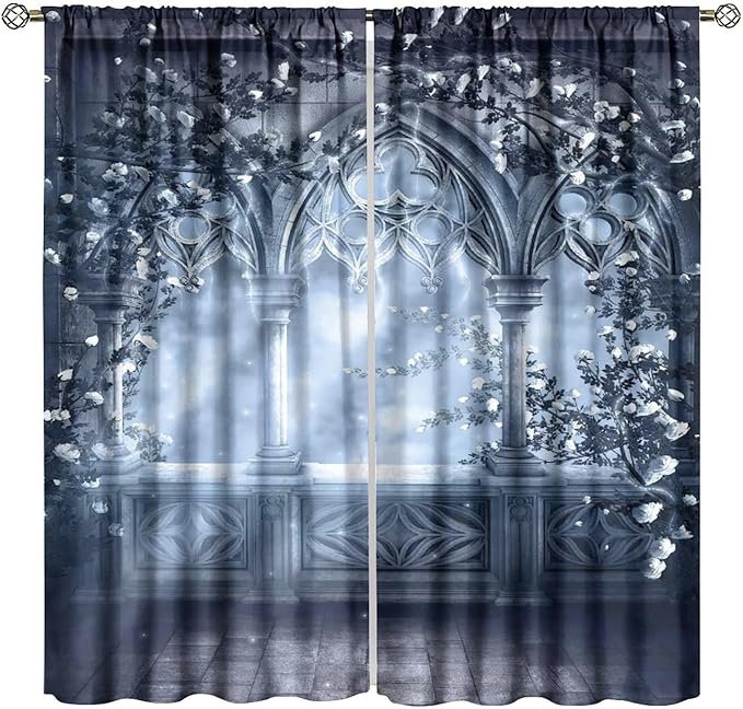 Gothic Mid Century Blackout Curtains, Medieval Castle Vintage Arch Stone White Rose Floral Window Drapes, for Living Room Bedroom 31.5(W)*63(L) 2 Panels