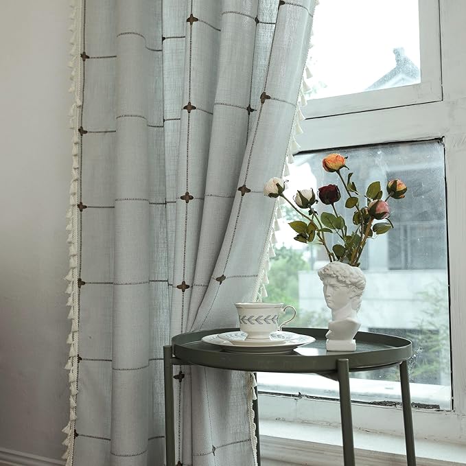 Sutuo Home Boho Curtain for Bedroom 84 Inch Length, Linen Light Filtering Country Farmhouse Vintage Chic Tassels Window Treatment Bohemian Drape for Decor 1 Panel 52" W x 84" L, Cream Grey Plaids