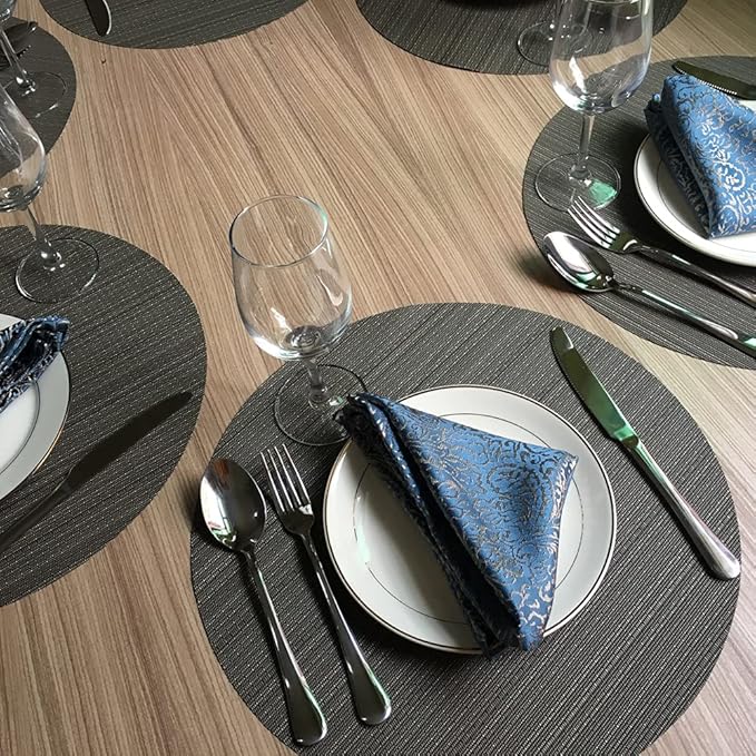 WAZAIGUR Round Placemats Set of 6 Woven Vinyl Easy to Clean Heat Resistant Kitchen Table Mats 15 Inch(Grey 6) Gray