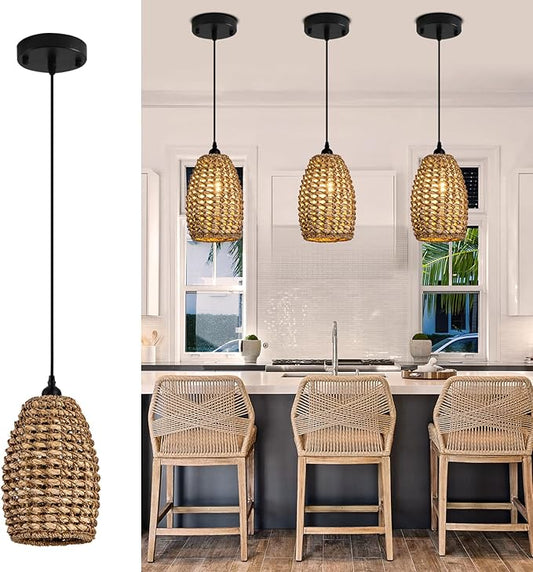 Mini Rattan Pendant Light Fixtures,7.09" Boho Pendant Light,3-Pack Hand Woven Seagrass Rattan Chandelier for Dining Living Bedroom Kitchen Farmhouse