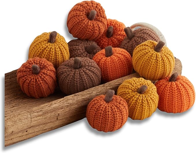 Your Heart's Content Mini Knit Pumpkins Set of 12, Fall Pumpkin Decor, Orange Pumpkin Bowl fillers for Fall, Gold Pumpkins for Garland, Thanksgiving tablescape, Brown (Mini Orange Set 12)