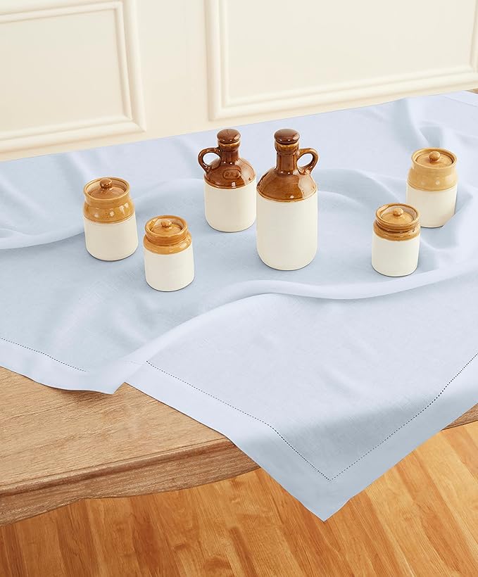 Solino Home Light Blue Linen Tablecloth 52 x 52 Inch - 100% Pure Linen Square Table Throw - Classic Hemstitch, Machine Washable Table Cloth for Winter