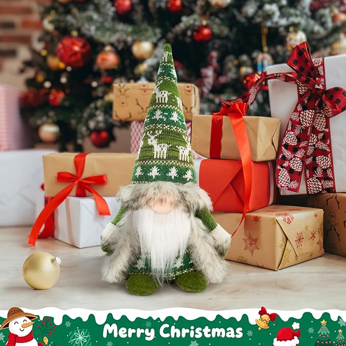 Gnome Christmas Decorations - Plush Nordic Figurine with Green Reindeer Knit Hat & Faux Fur Cloak, Rustic Tabletop Holiday Gnome Decor for Mantel, Shelf, or Gift Idea