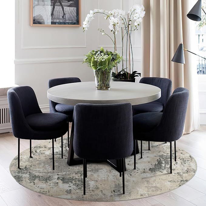 Modern Abstract 8x8 Round Area Rug Non Slip Non Shedding Rug Low Pile Stain Resistant for Bedroom Living Room Office Dining Room,Grey Yellow