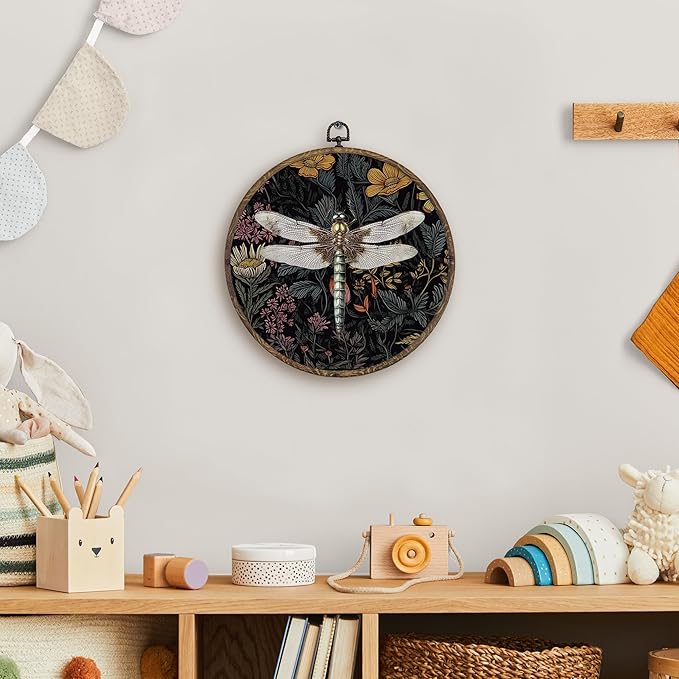 KFXHANGD Vintage Dragonfly Round Wall Art Framed, Dragonfly Wall Decor, Dark Green Botanical Canvas Wall Art Decor, Dragonflies Floral Hanging Wall Decor for Bathroom Living Room Bedroom,10x10