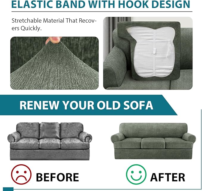4 Piece T Cushion Sofa Slipcovers Stretch Couch Cover Furniture Covers with 3 Individual T Cushion Covers, Machine Washable for Living Room (Green, 3 Cushions)