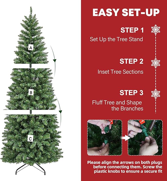 Hykolity 7.5 ft Prelit Pencil Slim Christmas Tree, 792 Branch Tips, 300 Color Changing LED Lights for Decoration, Metal Stand and Hinged Branches, 10 Color Modes