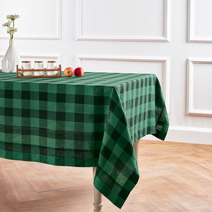 Solino Home Linen Checkered Tablecloth 60 x 108 Inch - 100% Pure Linen Buffalo Plaid Green and Black Table Cloth for Rectangular Tables - Machine Washable Tablecloth for Christmas, Winter