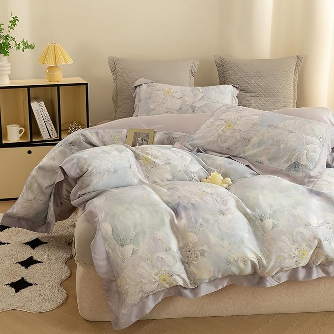 ECOCOTT Bedding 3-Piece Duvet Cover Set Queen Size – Silky Soft 100% Lyocell, Cooling & Breathable for Hot Sleepers, Misty Bloom Floral Pattern, Moisture-Wicking Luxury
