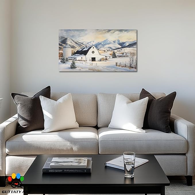 GUTTATY Christmas Winter Farm Canvas Wall Art, Snowy Mountain Scene Canvas Prints, Rustic Barn Painting Pictures for Living Room, Holiday Wall Decor, Country Landscape Poster Artwork, 16x8 Inch