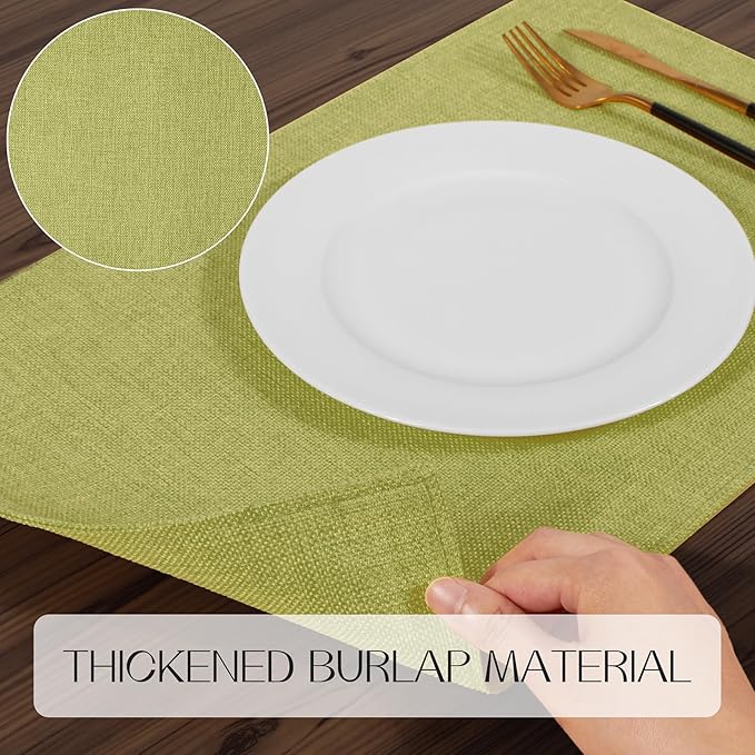 Romanstile Cloth Placemats Set of 4-12 x 18 Inch, Heat Resistant Double Layered Thickened Burlap Place Mats, Washable Faux Linen Farmhouse Table Mats for Kitchen/Dining/Party/Outdoor, Green