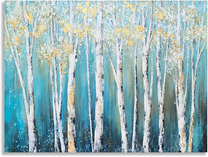 Yihui Arts Birch Tree Canvas Wall Art Hand Painted Teal and White Color Painting with Gold Foil Modern Forest Pictures for Living Room Bedroom Office Decoration