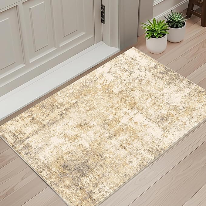 2x3 Modern Abstract Rug Washable Area Rugs for Living Room Bedroom Dining Room Non-Slip Low Pile Neutral Large Rug Soft Indoor Floor Carpet, Gold