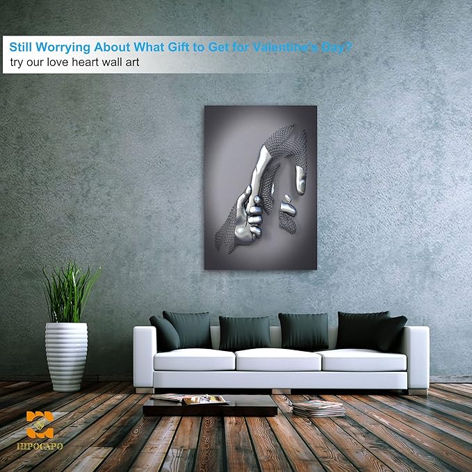 3D Metal Effect Canvas Wall - 3D Wall Art Decor Artwork hold hands Silver Modern Art Canvas Painting, Large Wall Art for Bedroom Dercorations Framed 32”x48”x1Pcs