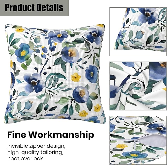 Blue and Yellow Flowers Pillow Covers 18X18 Set of 2, Watercolor Abstract Floral and Leaves Decorative Throw Pillow Covers, Pillowcase Cushion Case for Home Sofa Couch Indoor Outdoor