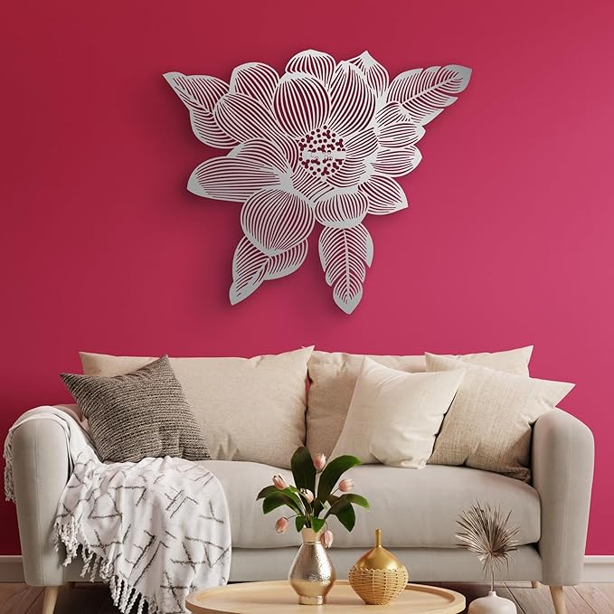 NEODECO 3D Flower Metal Wall Art, Floral Line Art, Minimalist home decor (Silver, Large)