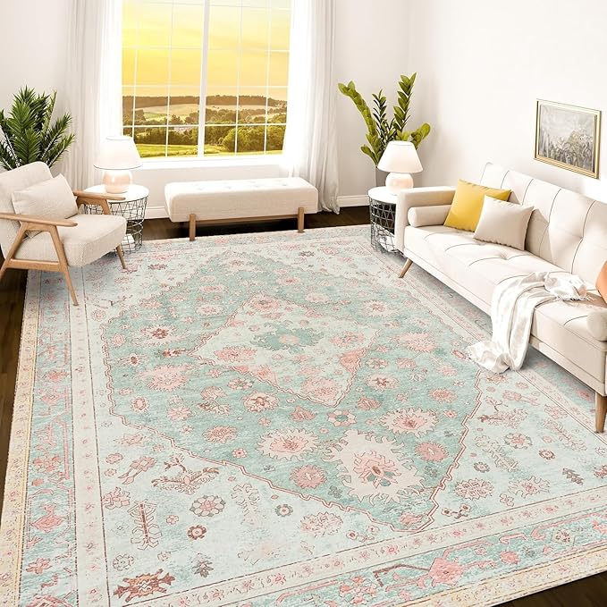 Istana 9x12 Area Rug - Light Green/Pink 9 x 12 Area Rugs for Living Room - Foldable 9x12 Rugs for Bedroom - Stain Resistant Washable Rug - Eco-Friendly Area Rugs Living Room