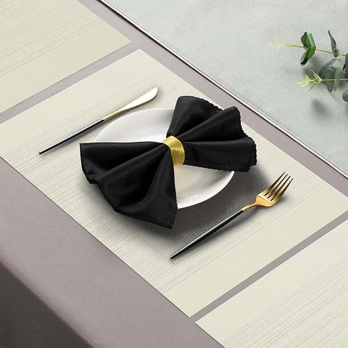 AHHFSMEI Placemats for Dining Table Set of 6 Woven Vinyl Plastic Place Mats Non-Slip Heat Insulation Stain Resistant Table Mats Washable Easy Clean Placemats (Beige Stripe)