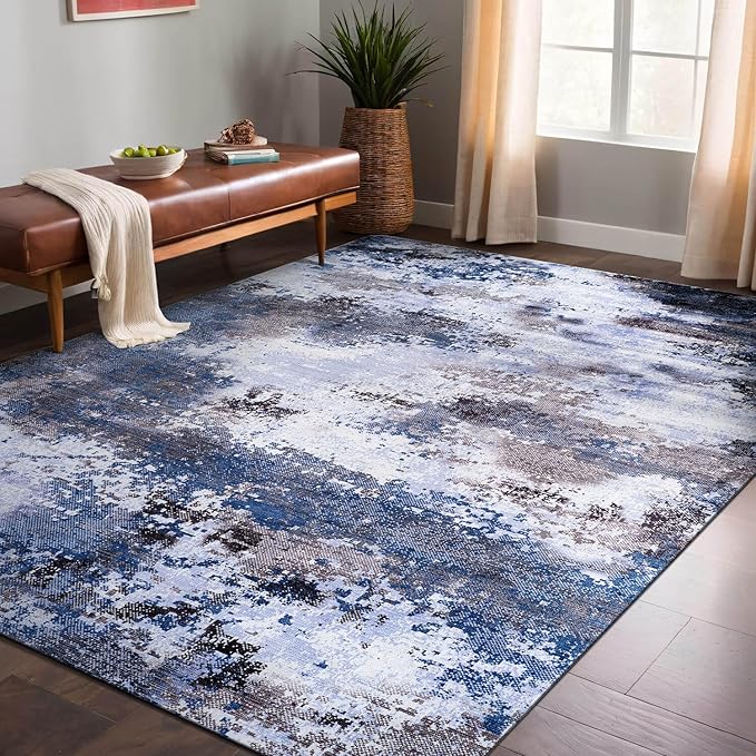 Non Slip Rugs 5x7 Modern Abstract Easy Silk Rubber Backing Soft Area Rug for Living Room Easy to Clean Non Shedding Kitchen for Bedroom Indoor Carpet (Navy - Blue, 5x7)