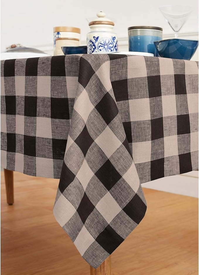 Solino Home Linen Checkered Tablecloth 60 x 90 Inch - 100% Pure Linen Natural and Black Buffalo Plaid Table Cloth for Rectangle Tables - Machine Washable Tablecloth for Fall, Thanksgiving