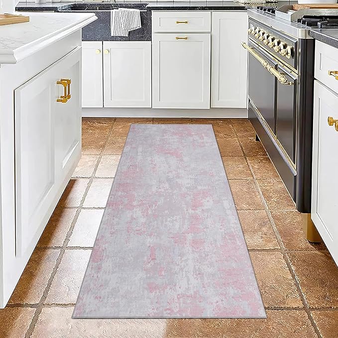 Modern Abstract 2x10 Runner Rug Washable Non Slip Stain Resistant Rug for Hallway Kitchen Bedroom Non Shedding Low Pile Indoor Floor Cover,Grey Pink