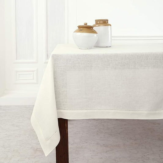 Solino Home Linen Tablecloth 60 x 108 Inch - Classic Hemstitch 100% Pure Linen Ivory Table Cloth for Rectangle Tables - Machine Washable Tablecloth for Fall, Autumn, Thanksgiving, Christmas, Holiday