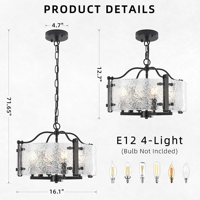 16.1" Black Glass Drum Chandelier - 4-Light Farmhouse Pendant Light Modern Round Ceiling Light Fixture with Adjustable Hanging Chain for Dining Room, Kitchen, Living Room, Foyer, Entryway