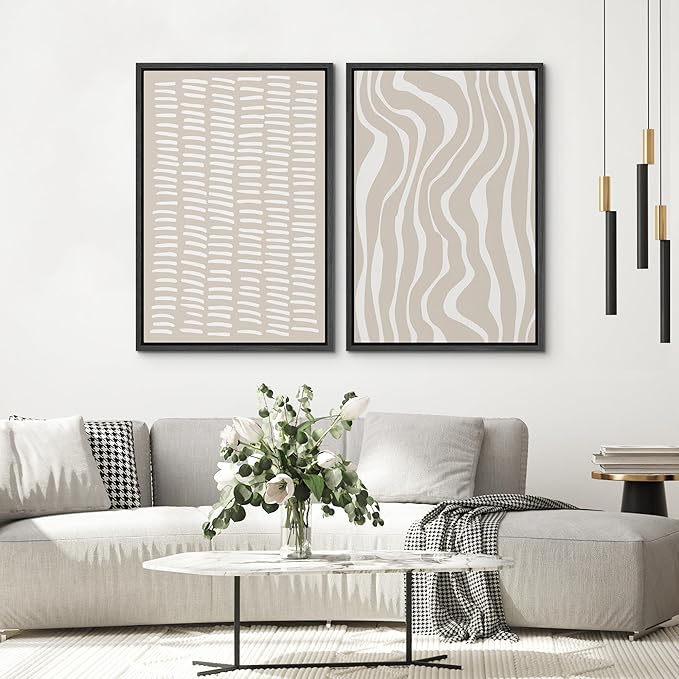 SIGNWIN Framed Canvas Print Wall Art Set Tan White Geometric Stripe Collage Abstract Shapes Cozy Neutral Modern Art Minimal Boho Relax/Calm for Living Room, Bedroom, Office - 24"x36"x2 Black
