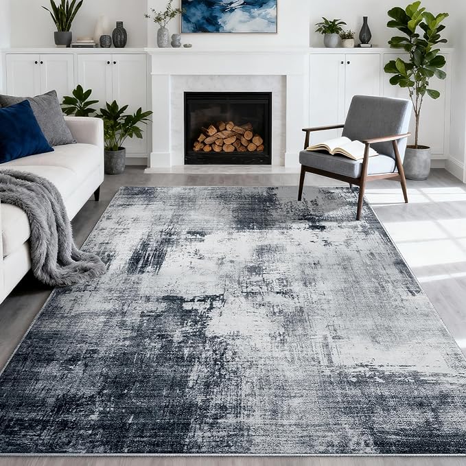 Area Rug 5x7 Living Room Rugs, Modern Abstract Washable Rug，Non-Slip Stain Resistant Carpet for Entryway Bedroom Dining Room Farmhouse Nursery Home Office-Abstract Blue Gray