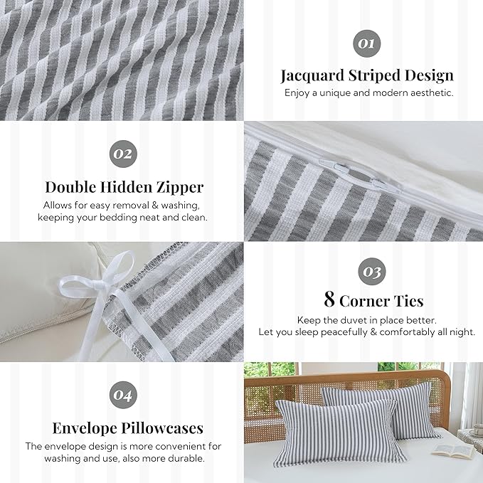 MILDLY Dark Grey Striped Duvet Cover - 100% Washed Cotton Jacquard Boho Textured Comforter Cover 3pcs with Corner Ties Zipper Closure 80"x90"