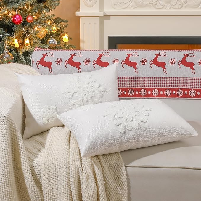 Lewondr Christmas Throw Pillow Cover, 2 Pack Snowflake Embroidery Decorative Throw Pillow Case Linen Sofa Cushion Cover for Party Thanksgiving Day Xmas Decor 12"x20"(30x50cm) - White
