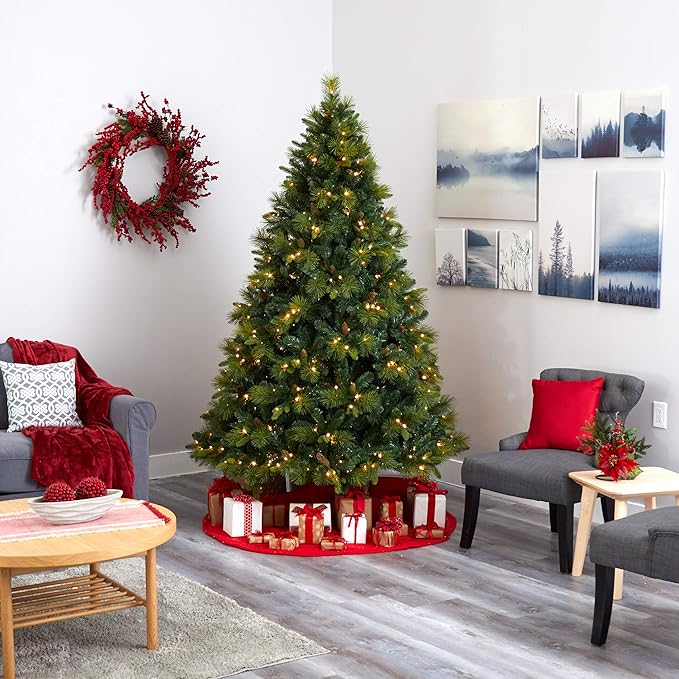 Nearly Natural 7.5ft. North Carolina Mixed Pine Artificial Christmas Tree with 470 Warm White LED Lights, 1895 Bendable Branches and Pinecones