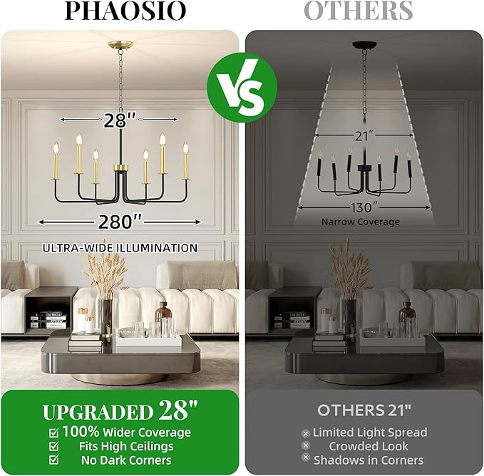 Farmhouse Chandelier, 6-Light Metal Hanging Ceiling Light Fixture for Dining Room, Kitchen Island, Living Room, Entryway, Foyer-Black and Gold