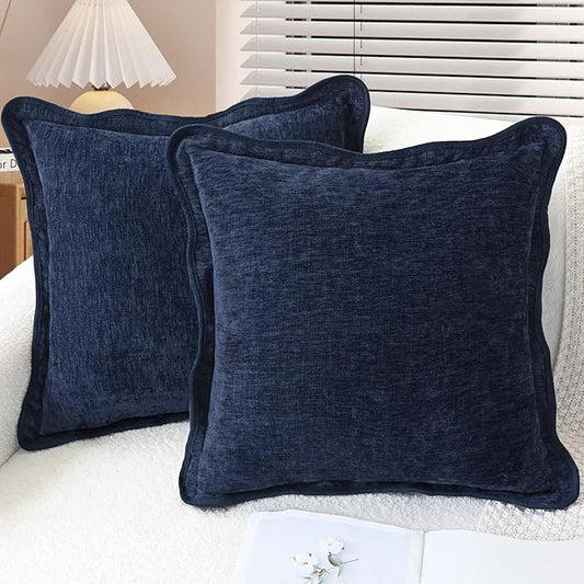 CaliTime Throw Pillow Covers Decorative 18 X 18 Inches Pack of 2 Cozy Chenille Scalloped Wavy Edge Cushion Cases for Couch Sofa Bed Living Room Farmhouse Navy Blue
