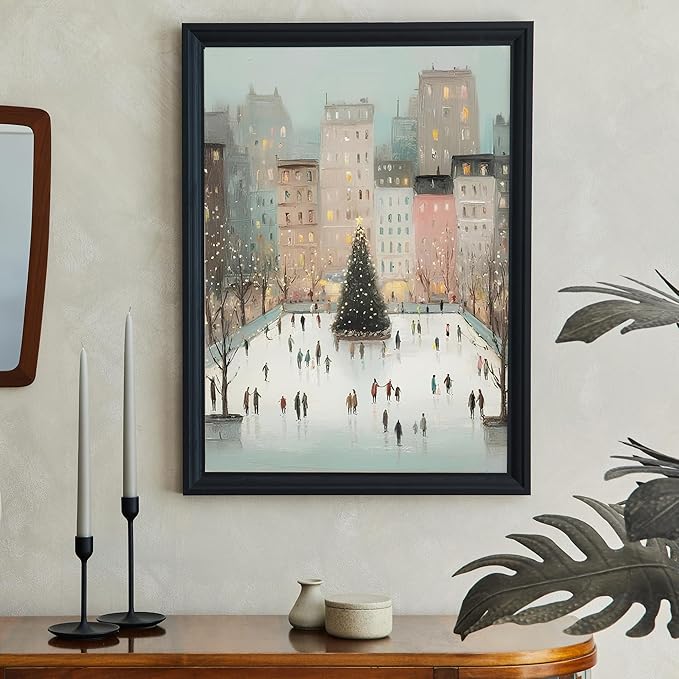 OZCONO Christmas Cityscape Wall Art, Retro Christmas Pastel Tone Decor, Whimsical Snowy Village Poster, Idea for Noel Season, Skating Scene Artwork (Unframed) (16x24)
