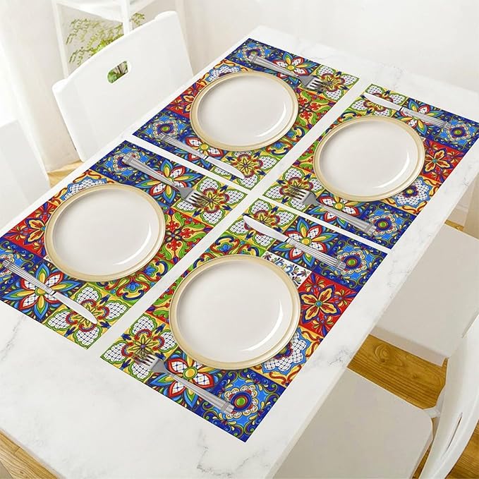 Mexican Placemat Set of 4, 12x18 Inch Rustic Colorful Talavera Ceramic Mexico Tiles Dia De Los Muertos Coffee Vintage Table Mats for Outdoor Kitchen Dining Table Decoration