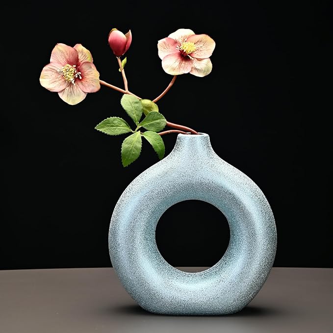Modern Donut-Shaped Decorative Vases, Handmade Minimalist Boho ins Style, Modern Vase for Home Decor for Wedding Dinner Table Party Living Room Office Bedroom (Blue-Gold, Large + Small)