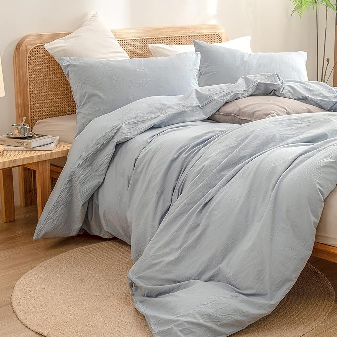 BESTOUCH Duvet Cover Set 100% Washed Cotton Linen Feel Super Soft Comfortable Chic Lightweight 3 PCs Home Bedding Set Solid Cornflower Blue Oversized Queen