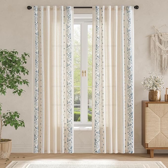 jinchan Winslow Linen Curtains for Bedroom 90 Inches Length Embroidered Bordered Floral Curtains for Living Room Farmhouse Decor Light Filtering Window Treatments Blue on Beige Drapes 2 Panels